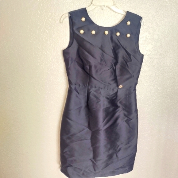 Blumarine pearl neck buttoned knee length pencil cocktail black dress sz 44/L